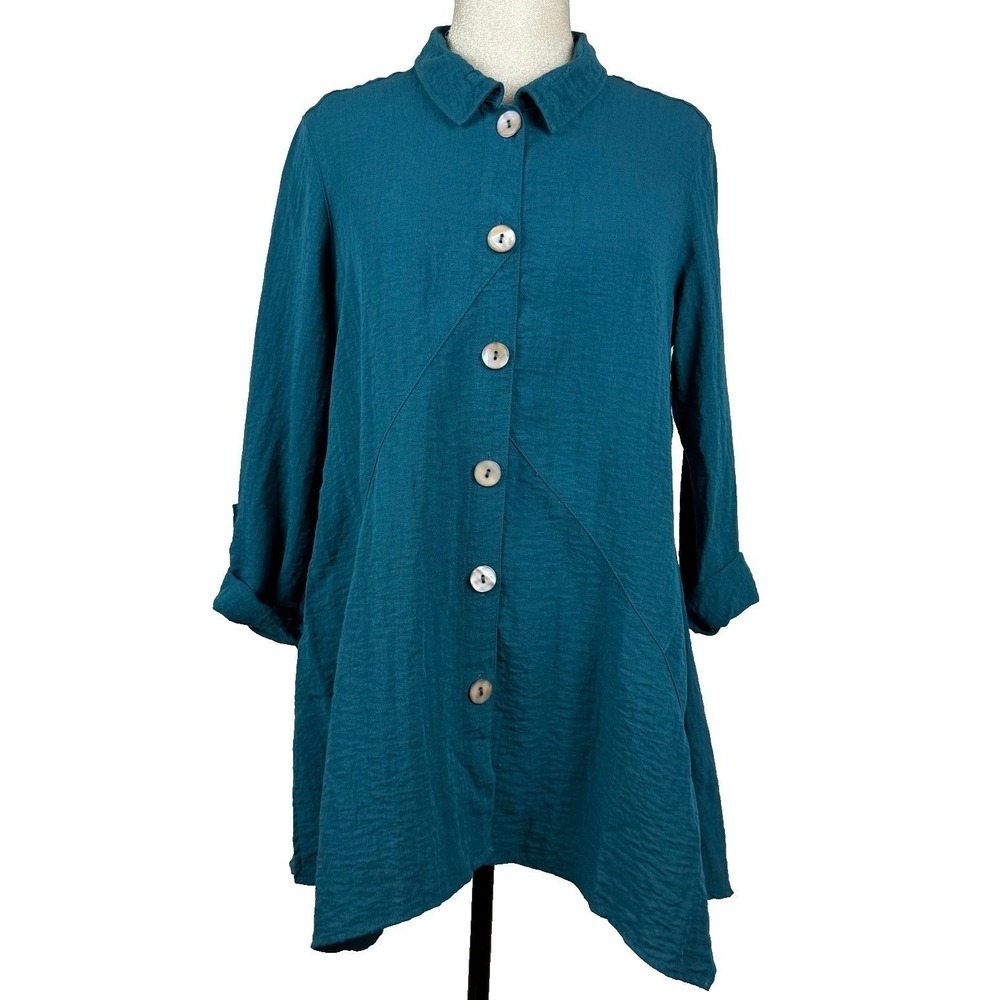 John Mark Tunic Shirt Womens M Teal Blue Textured Roll Tab Lagenlook Tunic Artsy